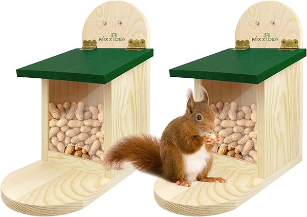 MIXXIDEA Wooden Squirrel Feeder Box - Green Cover - 2pk