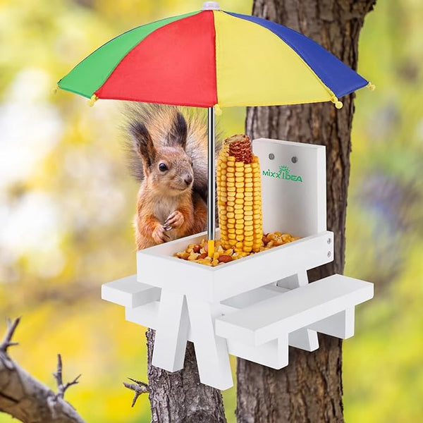 MIXXIDEA Squirrel Feeder -Wooden Table with colorful Umbrella