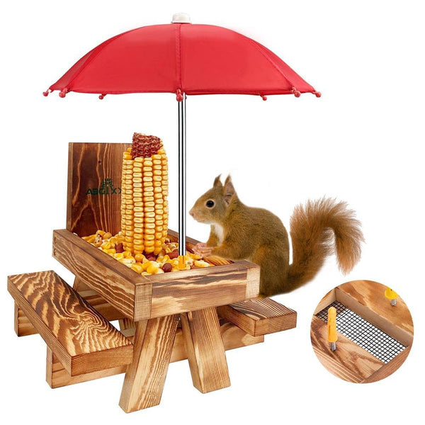 MIXXIDEA Squirrel Feeder - Brown Wooden Table, Red Umbrella