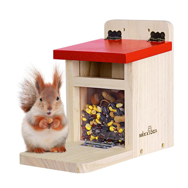 MIXXIDEA Wooden Squirrel Feeder Box - Red