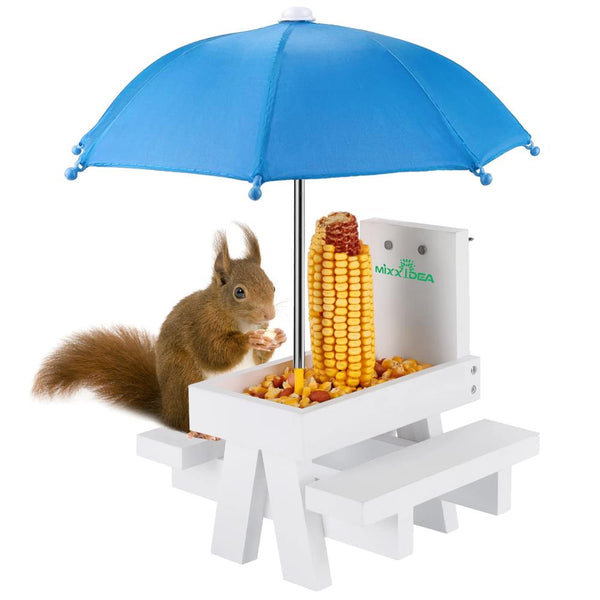 MIXXIDEA Squirrel Feeder - White Wooden Table, Bule Umbrella