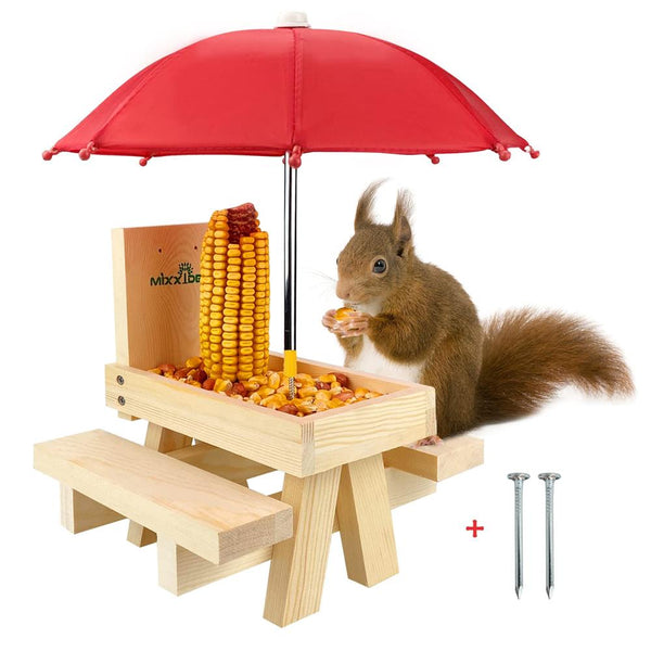 MIXXIDEA Squirrel Feeder - Wooden Table, Red Umbrella