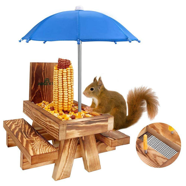 MIXXIDEA Squirrel Feeder - Brown Wooden Table, Blue Umbrella