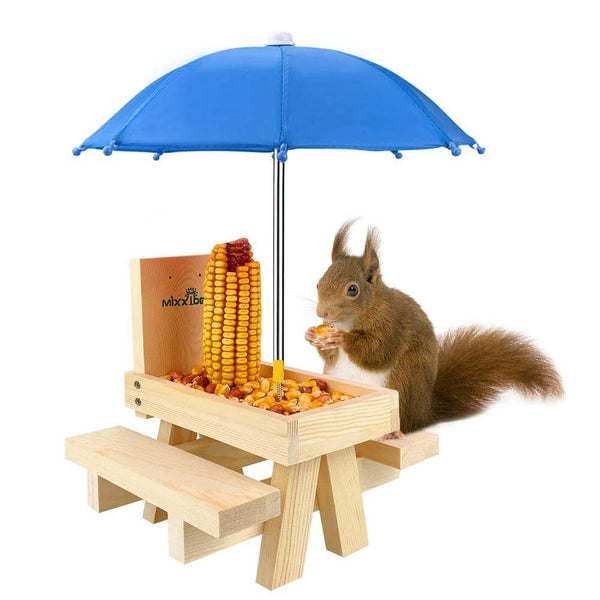 MIXXIDEA Squirrel Feeder- Wooden Table, Blue Umbrella
